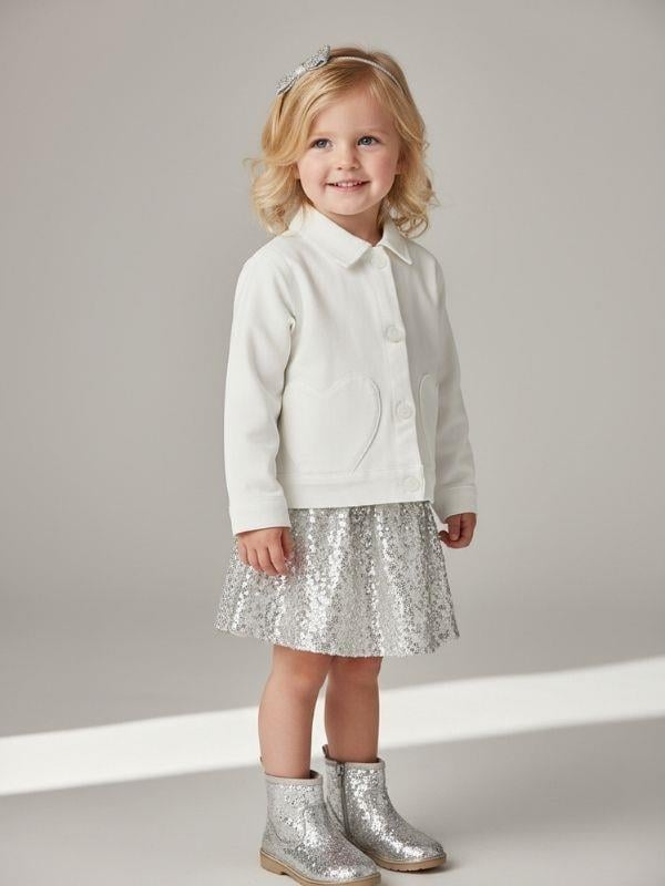 Kız Bebek Kalp Detaylı Cepli Düğmeli Ceket