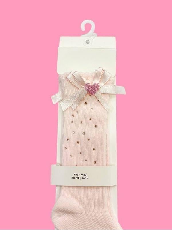 Kız Bebek Kalpli Taşlı Diz Altı Pamuklu Çorap