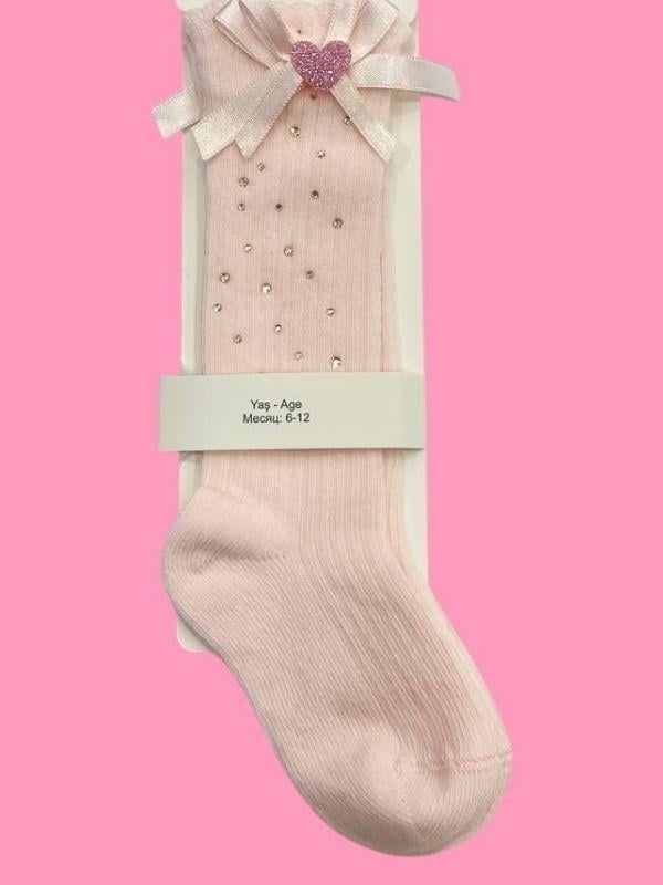 Kız Bebek Kalpli Taşlı Diz Altı Pamuklu Çorap