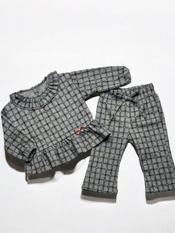 Kız Bebek Kareli Bebek Yaka Örme Pantolonlu Takım