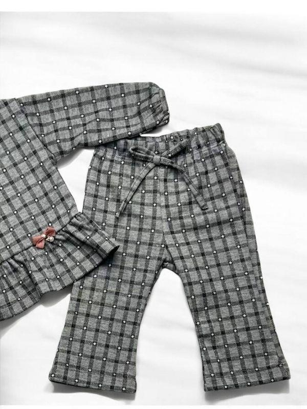 Kız Bebek Kareli Bebek Yaka Örme Pantolonlu Takım