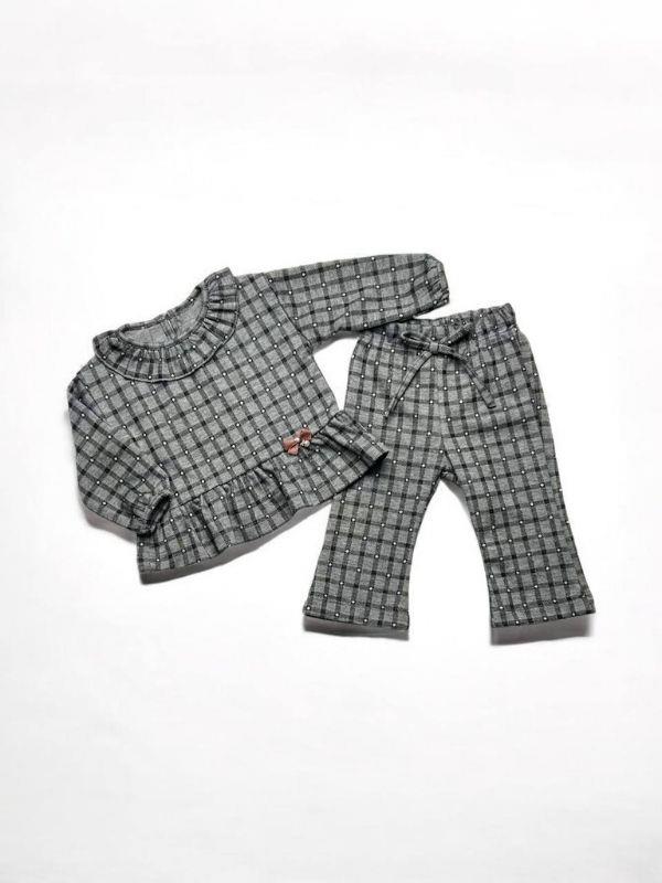 Kız Bebek Kareli Bebek Yaka Örme Pantolonlu Takım