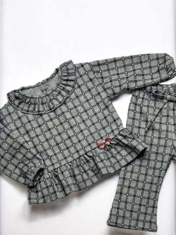 Kız Bebek Kareli Bebek Yaka Örme Pantolonlu Takım