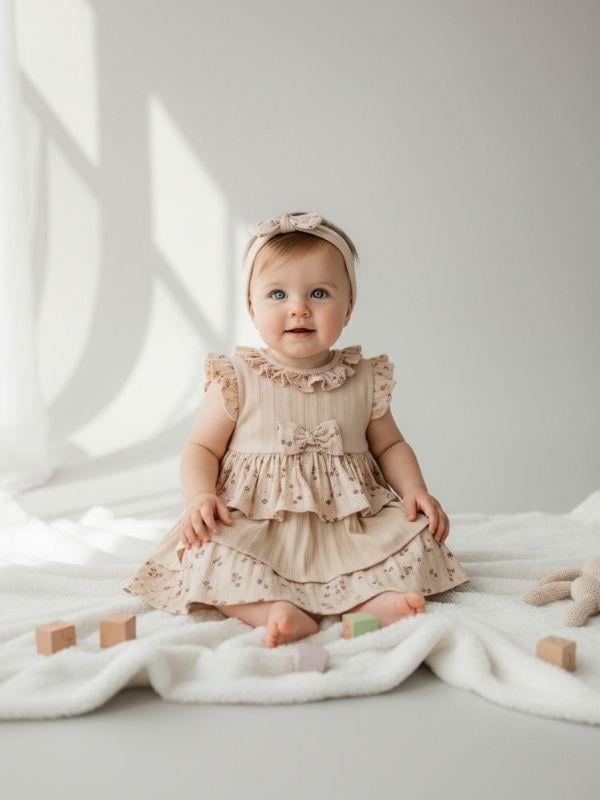 Kız Bebek Katkat Çiçek Desenli Bandanalı Elbise