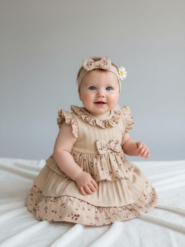 Kız Bebek Katkat Çiçek Desenli Bandanalı Elbise