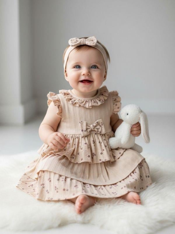 Kız Bebek Katkat Çiçek Desenli Bandanalı Elbise