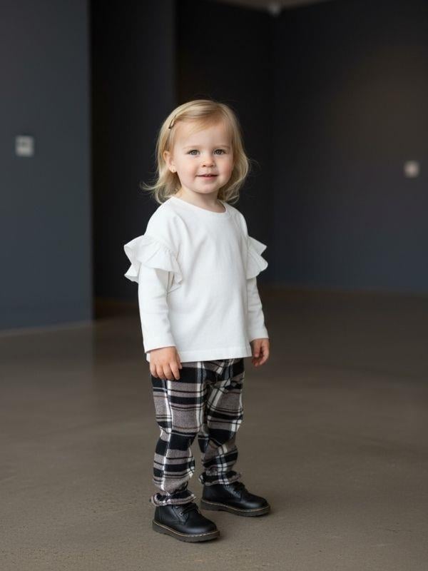 Kız Bebek Kolları Fırfır Detaylı Kareli Pantolonlu Takım