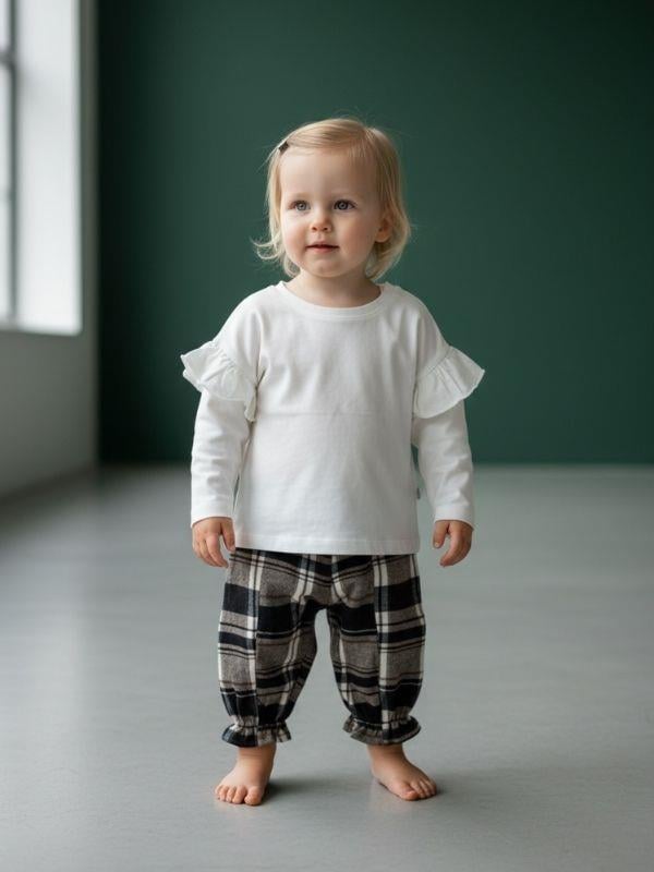 Kız Bebek Kolları Fırfır Detaylı Kareli Pantolonlu Takım