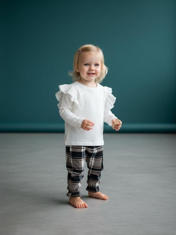 Kız Bebek Kolları Fırfır Detaylı Kareli Pantolonlu Takım