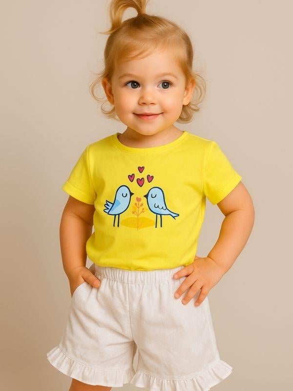 Kız Bebek Kuş Desenli Pamuklu Şortlu Takım