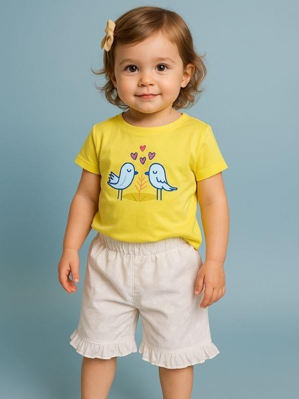 Kız Bebek Kuş Desenli Pamuklu Şortlu Takım