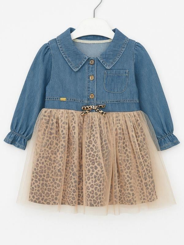 Kız Bebek Leopar Desenl Tüllü Kot Elbise