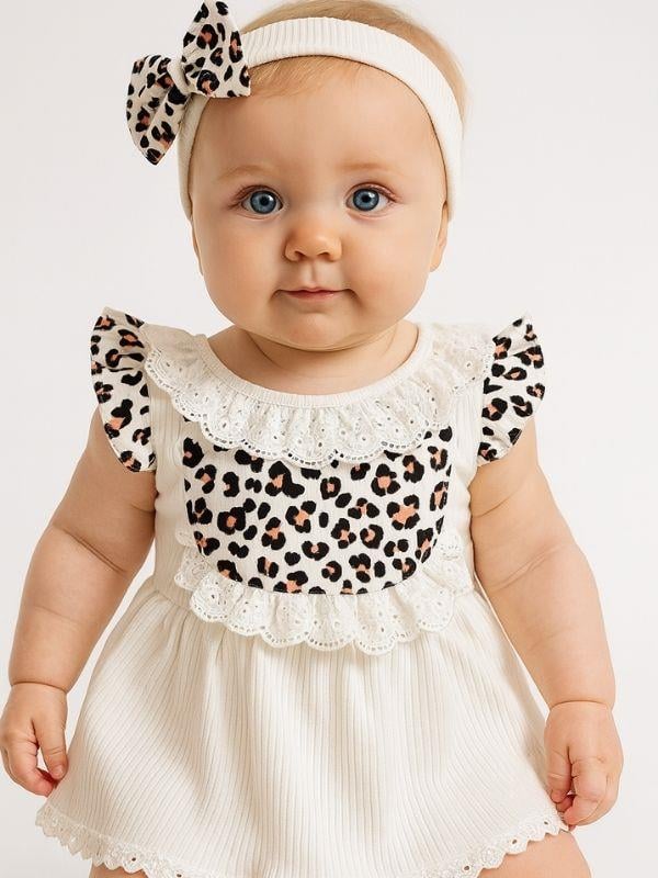 Kız Bebek Leopar Desenli Bandanalı Bodyli Elbise