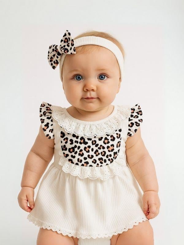 Kız Bebek Leopar Desenli Bandanalı Bodyli Elbise