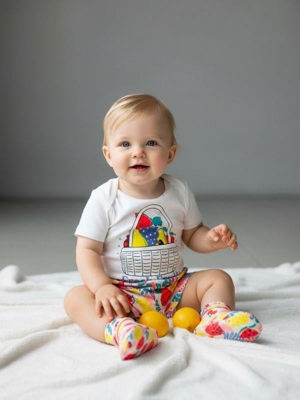 Kız Bebek Meyve Desenli Beli Lastikli Şort Takım