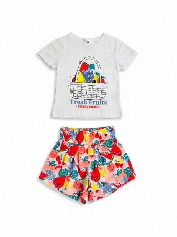 Kız Bebek Meyve Desenli Beli Lastikli Şort Takım