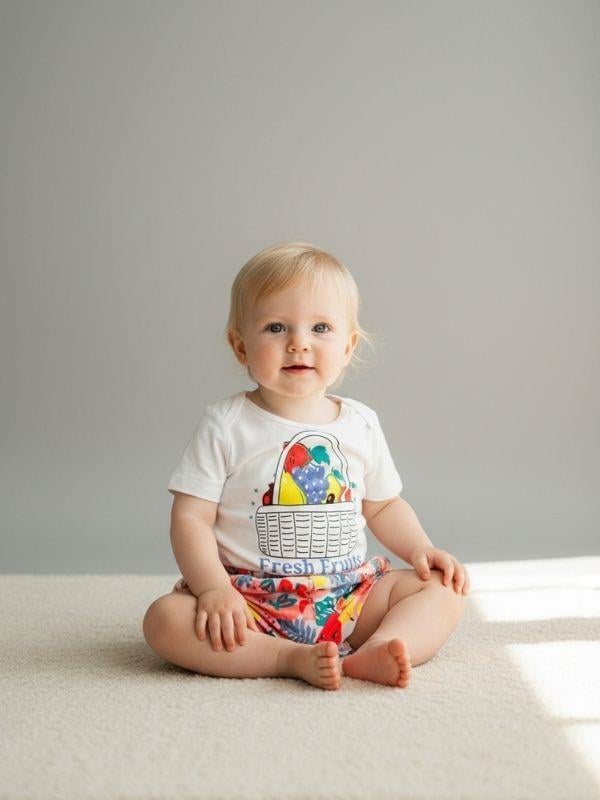 Kız Bebek Meyve Desenli Beli Lastikli Şort Takım