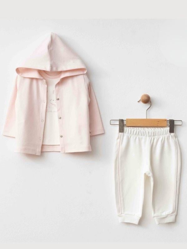 Kız Bebek Organik Pamuklu 3’lü Kapüşonlu Eşofman Takımı