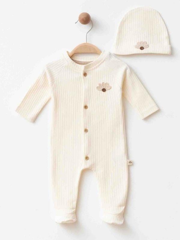 Kız Bebek Organik Pamuklu Çiçek Nakışlı Tulum Şapka Takım