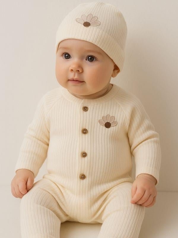Kız Bebek Organik Pamuklu Çiçek Nakışlı Tulum Şapka Takım