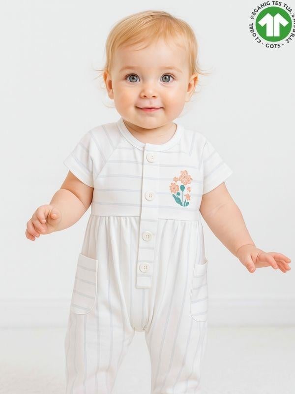 Kız Bebek Organik Pamuklu Çizgili Kısa Kol Paçası Lastikli Tulum