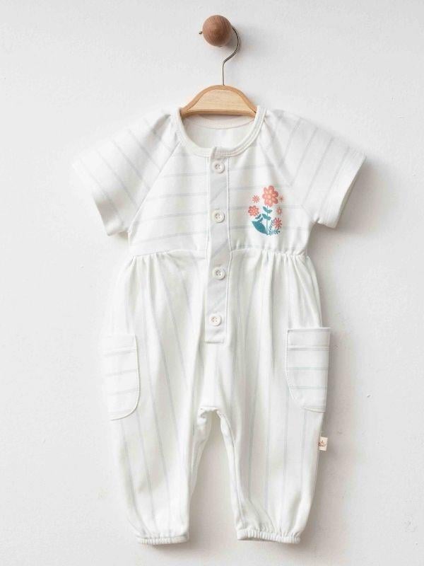 Kız Bebek Organik Pamuklu Çizgili Kısa Kol Paçası Lastikli Tulum