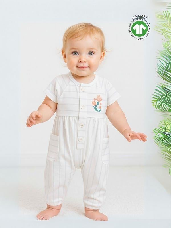 Kız Bebek Organik Pamuklu Çizgili Kısa Kol Paçası Lastikli Tulum