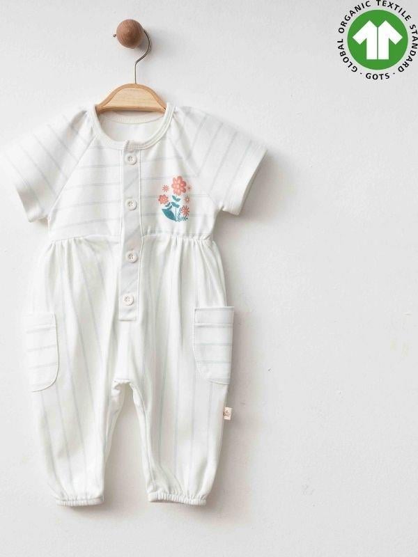 Kız Bebek Organik Pamuklu Çizgili Kısa Kol Paçası Lastikli Tulum
