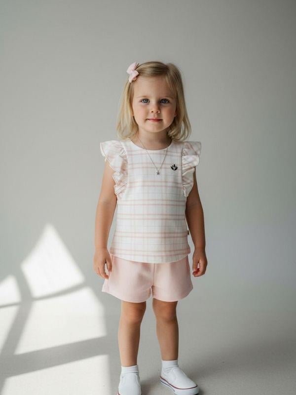 Kız Bebek Organik Pamuklu Ekose T-shirt Şortlu Takım
