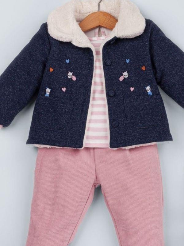 Kız Bebek Örme Kot Ceket Pantolonlu 3 lü Takım