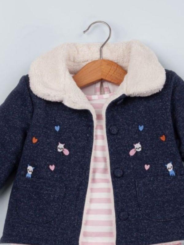 Kız Bebek Örme Kot Ceket Pantolonlu 3 lü Takım