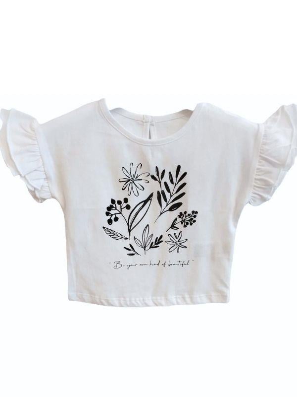 Kız Bebek  Pamuklu Çiçek Baskılı Kolları Fırfırlı Bluz