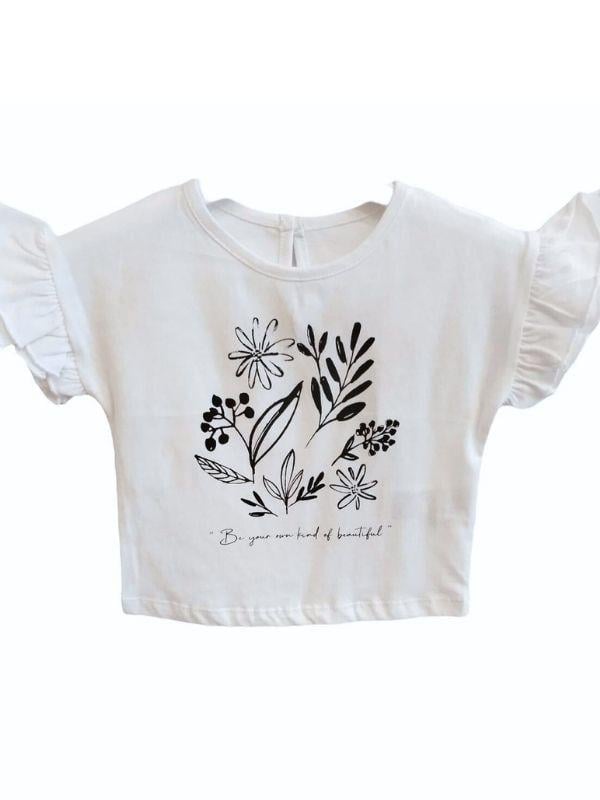 Kız Bebek  Pamuklu Çiçek Baskılı Kolları Fırfırlı Bluz