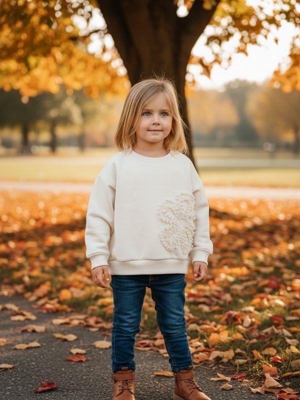 Kız Bebek Pamuklu Çiçek İşlemeli Oversize Tasarım Sweatshirt