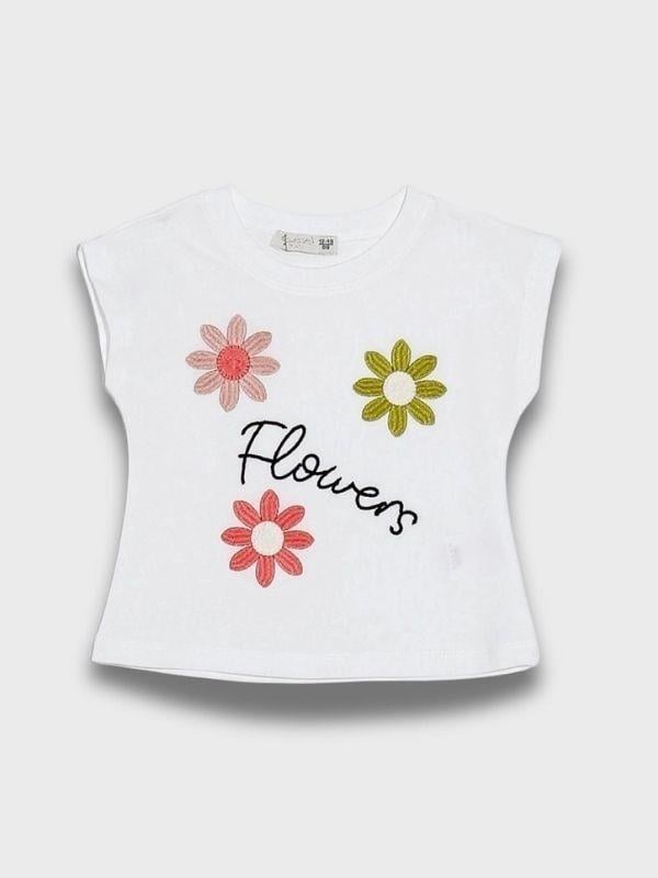 Kız Bebek Pamuklu Çiçek Nakışlı Tshirt