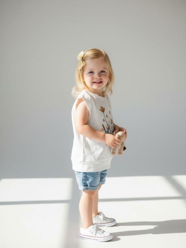 Kız Bebek Pamuklu Çiçekli Yarım Kollu T-shirt