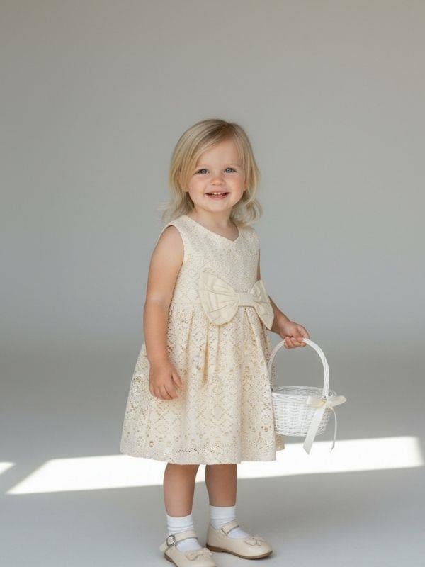 Kız Bebek Pamuklu Fiyonk Detaylı Güpür Elbise