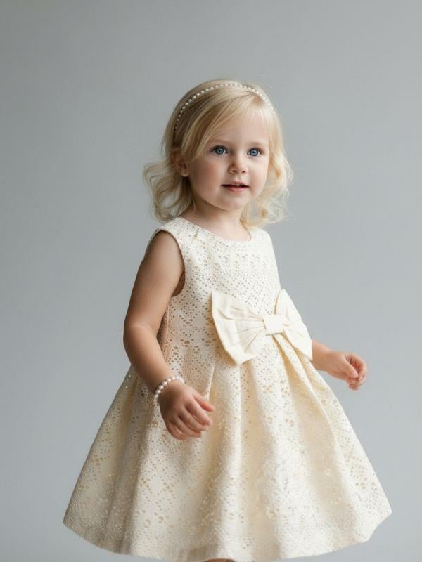 Kız Bebek Pamuklu Fiyonk Detaylı Güpür Elbise