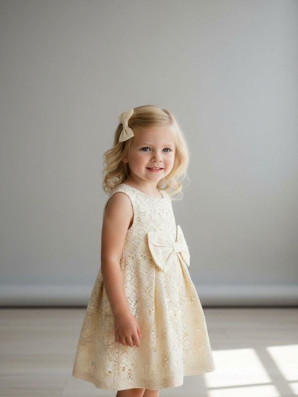 Kız Bebek Pamuklu Fiyonk Detaylı Güpür Elbise