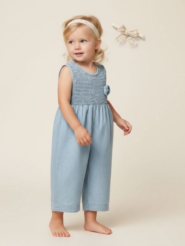 Kız Bebek Pamuklu İnce Denim Bandanalı Tasarım Tulum