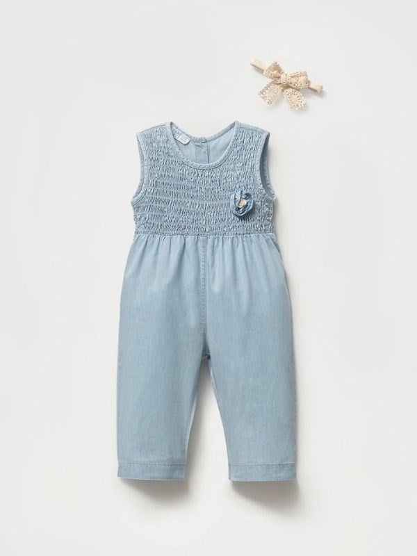Kız Bebek Pamuklu İnce Denim Bandanalı Tasarım Tulum