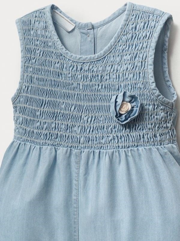 Kız Bebek Pamuklu İnce Denim Bandanalı Tasarım Tulum