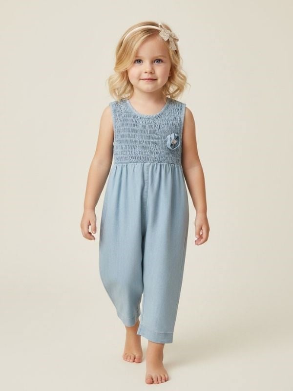 Kız Bebek Pamuklu İnce Denim Bandanalı Tasarım Tulum