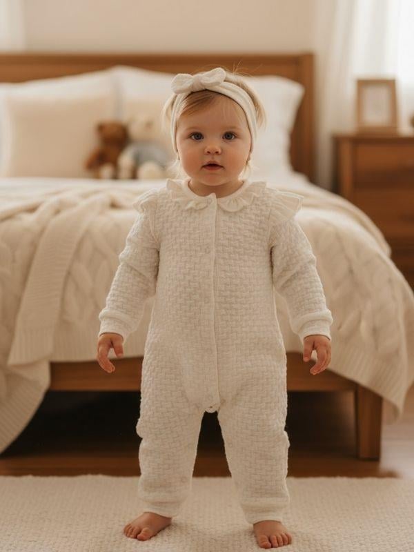 Kız Bebek Pamuklu Jakarlı Kendinden Desenli Patiksiz Tulum