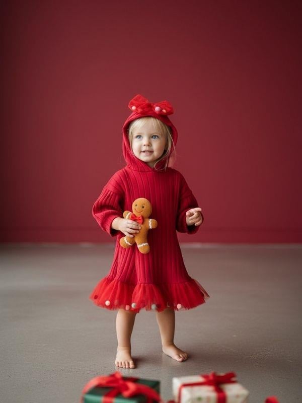 Kız Bebek Pamuklu Kapüşonlu Ponpon Detaylı Kloş Elbise