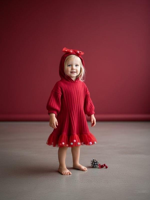 Kız Bebek Pamuklu Kapüşonlu Ponpon Detaylı Kloş Elbise