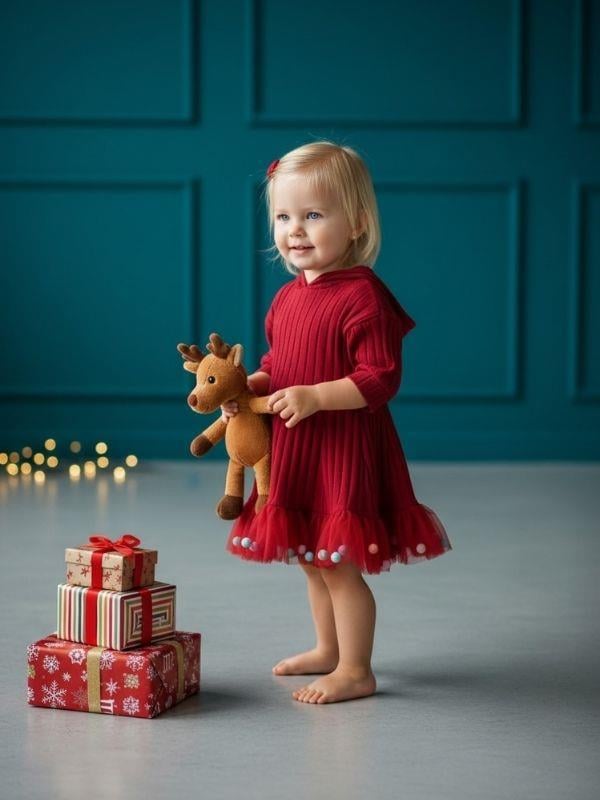 Kız Bebek Pamuklu Kapüşonlu Ponpon Detaylı Kloş Elbise