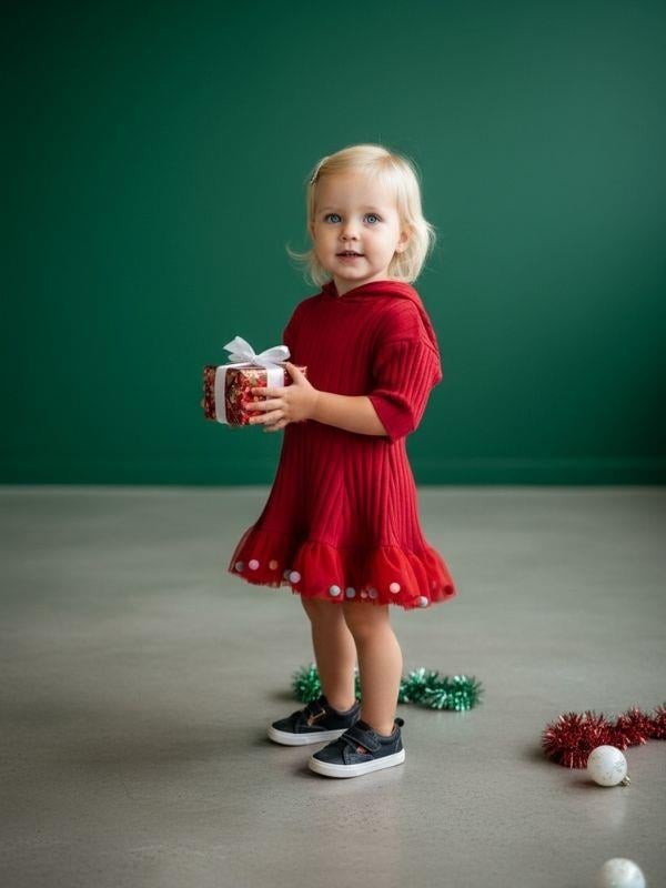 Kız Bebek Pamuklu Kapüşonlu Ponpon Detaylı Kloş Elbise