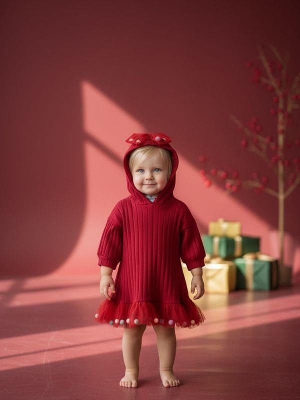 Kız Bebek Pamuklu Kapüşonlu Ponpon Detaylı Kloş Elbise