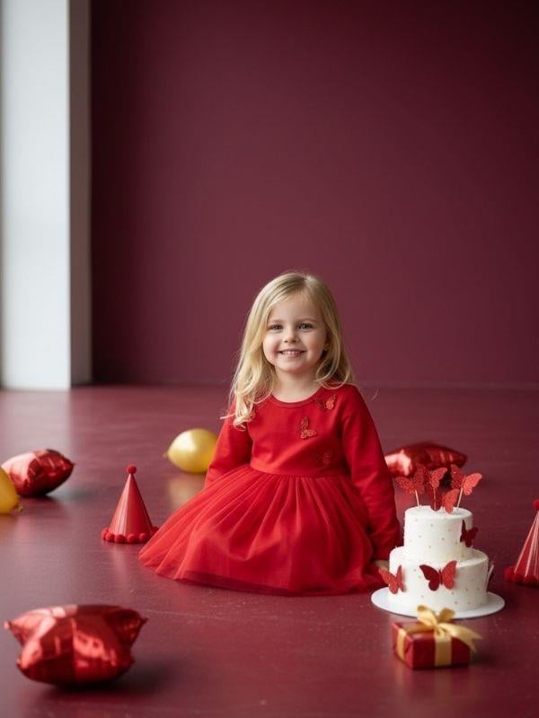 Kız Bebek Pamuklu Kelebek İşlemeli Tütülü Elbise